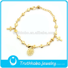 TKB-JB0079 Pulseras religiosas de acero inoxidable 316L de oro vendible con cadena de corazón pulida y cruz de fundición Virgen María